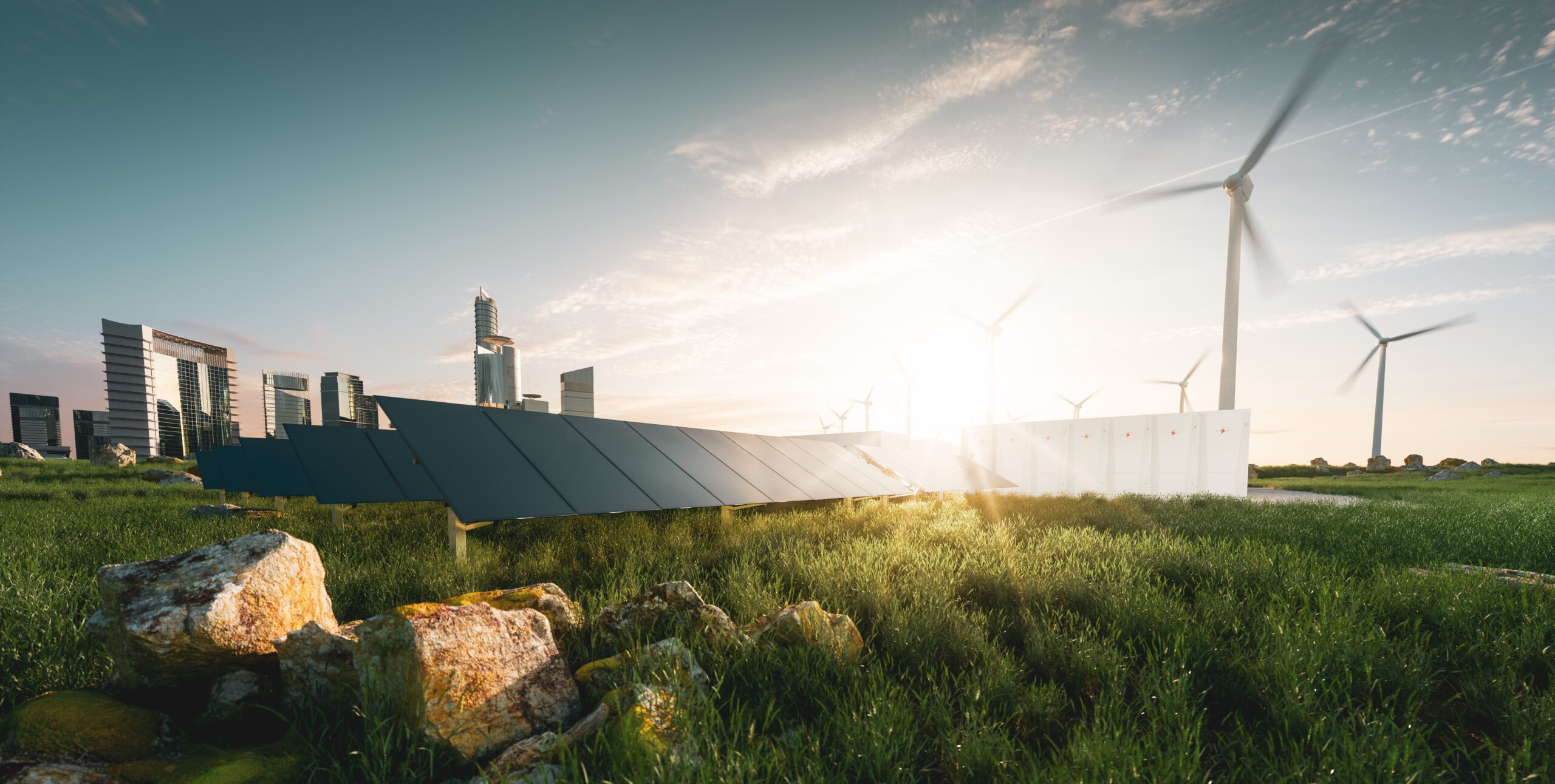 Concept of sustainable energy solution in beautifull sunset backlight. Frameless solar panels, battery energy storage facility, wind turbines and big city with skycrapers in background. 3d rendering.