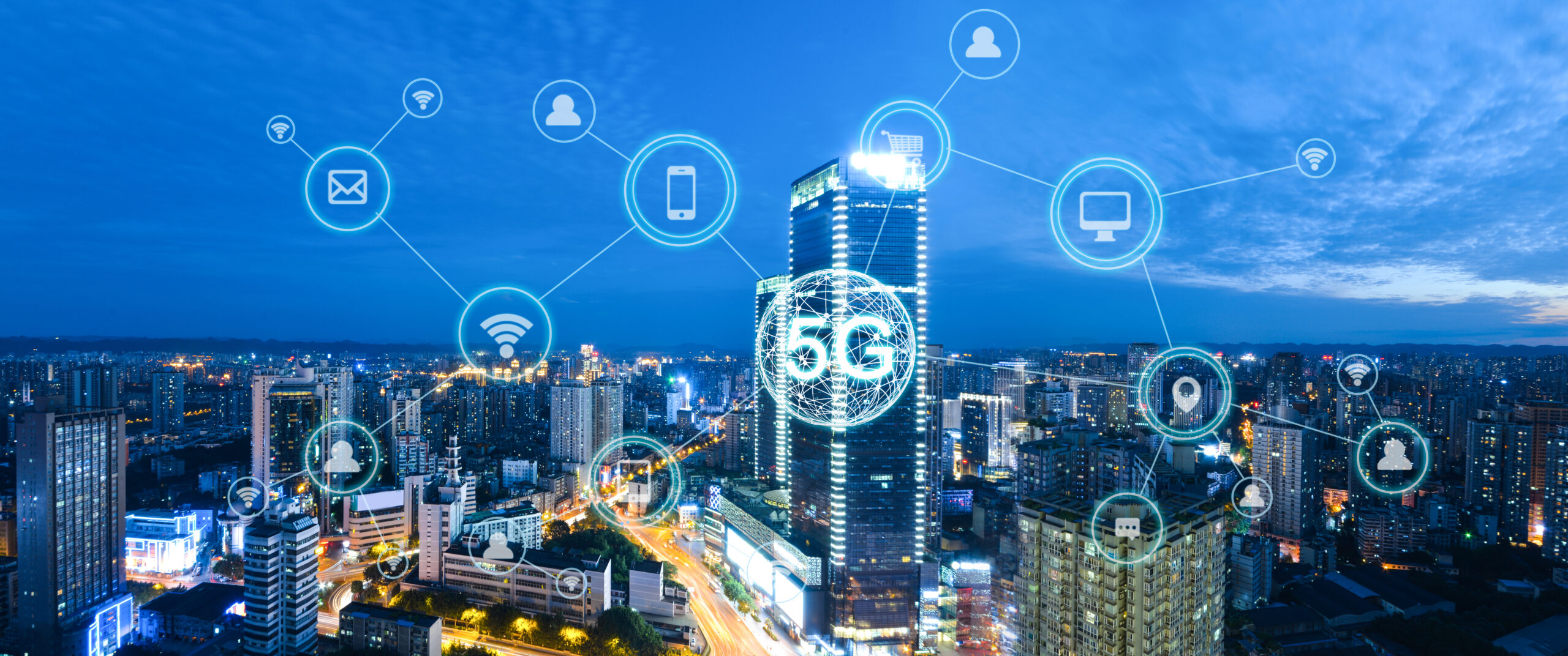 Wireless communication network concept.Panorama of Modern City