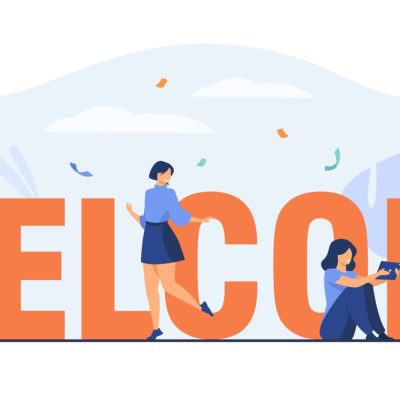 Happy tiny people near huge welcome word flat vector illustration. Cartoon office team members celebrating and greeting together. Graphic design for poster and celebration concept