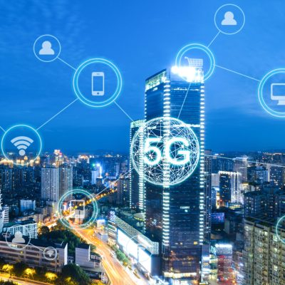 Wireless communication network concept.Panorama of Modern City