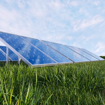 Solar power panel on sky background.